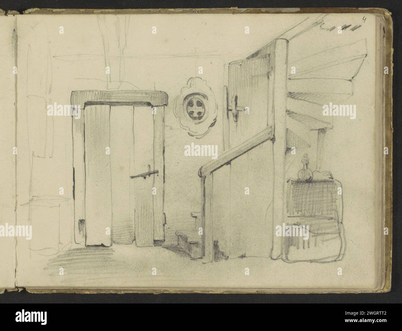 Farmers interior with door and stairs, 1819 - 1849 Page 4 Recto from a sketchbook with 36 sheets. carta. interno a matita della casa. porta chiusa. scala Foto Stock