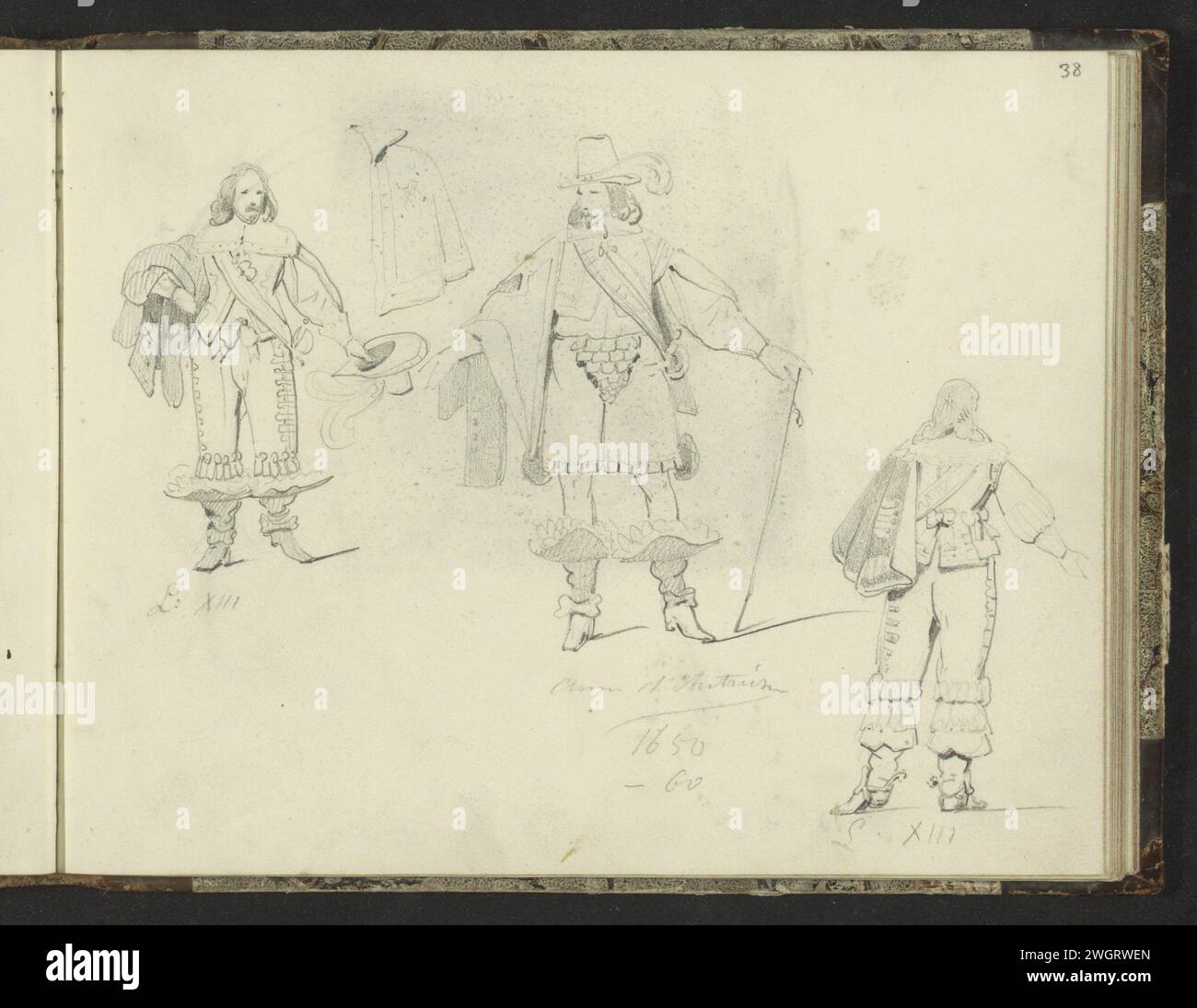 Tre uomini in costume seicentesco, 1819 - 1849 pagina 38 Recto da un bozzetto con 58 fogli. carta. costume storico a matita (+ abiti da uomo) Foto Stock