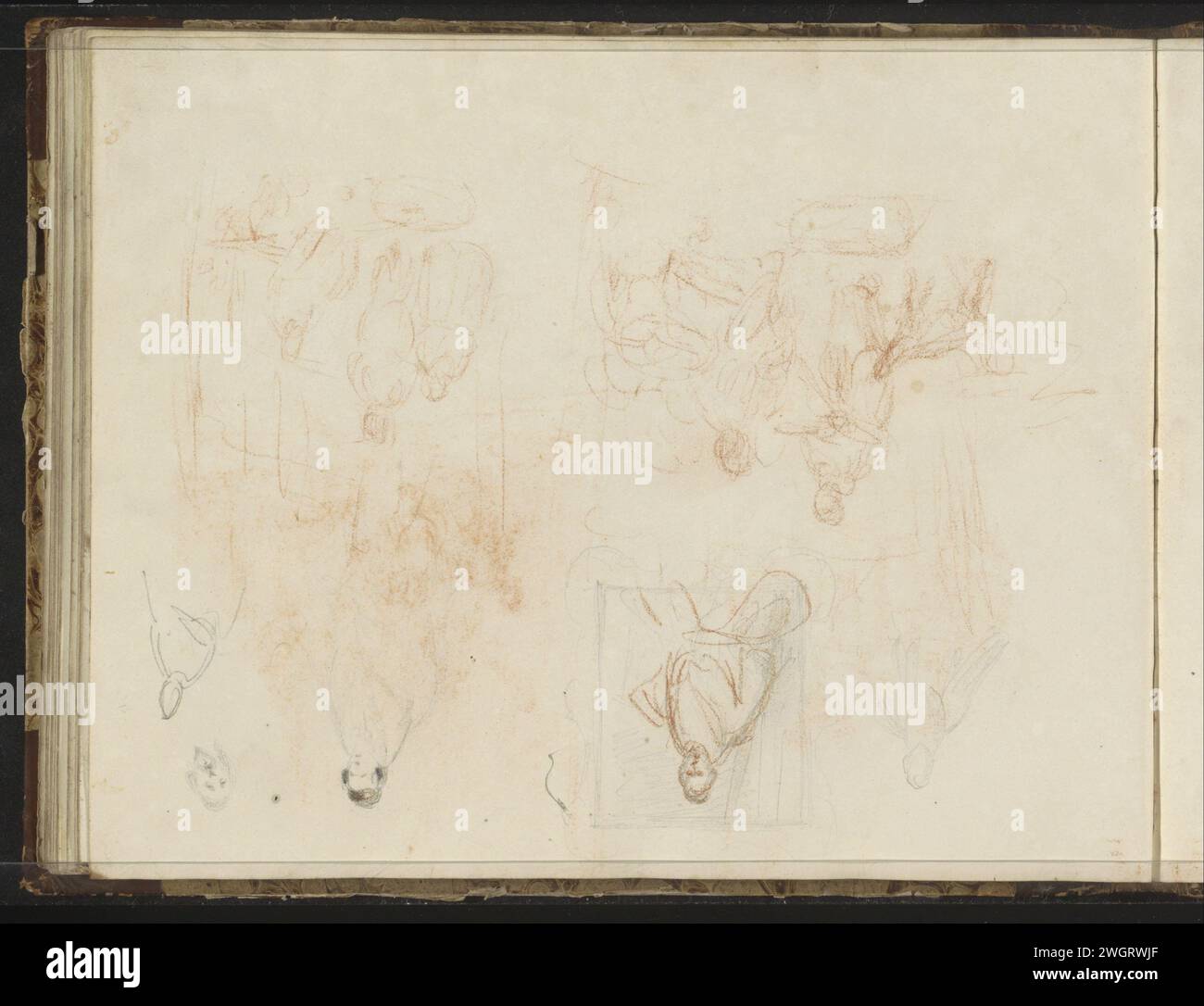 Foglio di studio con ritratto e figure di un uomo, 1819 - 1849 Foglia 41 verso da un bozzetto con 52 fogli. carta. matita. anatomia del gesso (non medica). ritratto di una persona storica anonima Foto Stock