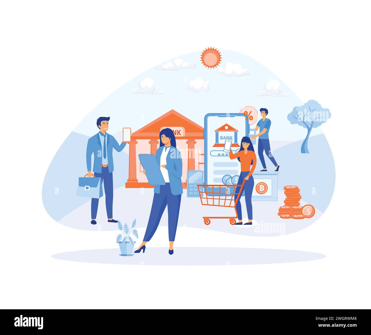 I personaggi Office People utilizzano gli smartphone per pagamenti, trasferimenti e depositi tramite Internet. illustrazione moderna vettoriale piatta Illustrazione Vettoriale