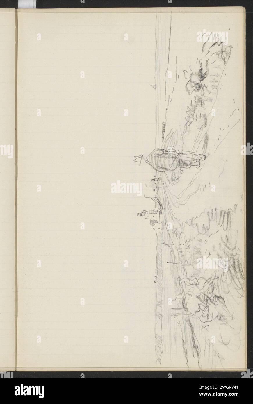Figure su una strada di campagna lungo il faro De Ven sull'Oosterdijk vicino a Enkhuizen, 1900 - 1931 sullo sfondo lo Zuiderzee. Pagina 28 Recto from a sketchbook with 55 sheets. Paesaggi di gesso Enkhuizen con acque, paesaggi acquatici, paesaggi marini (nella zona temperata). vista sulla città e sul paesaggio con costruzioni artificiali (+ city(-scape) con figure, personale). faro, nave faro. Dighe, argine Enkhuizen Foto Stock