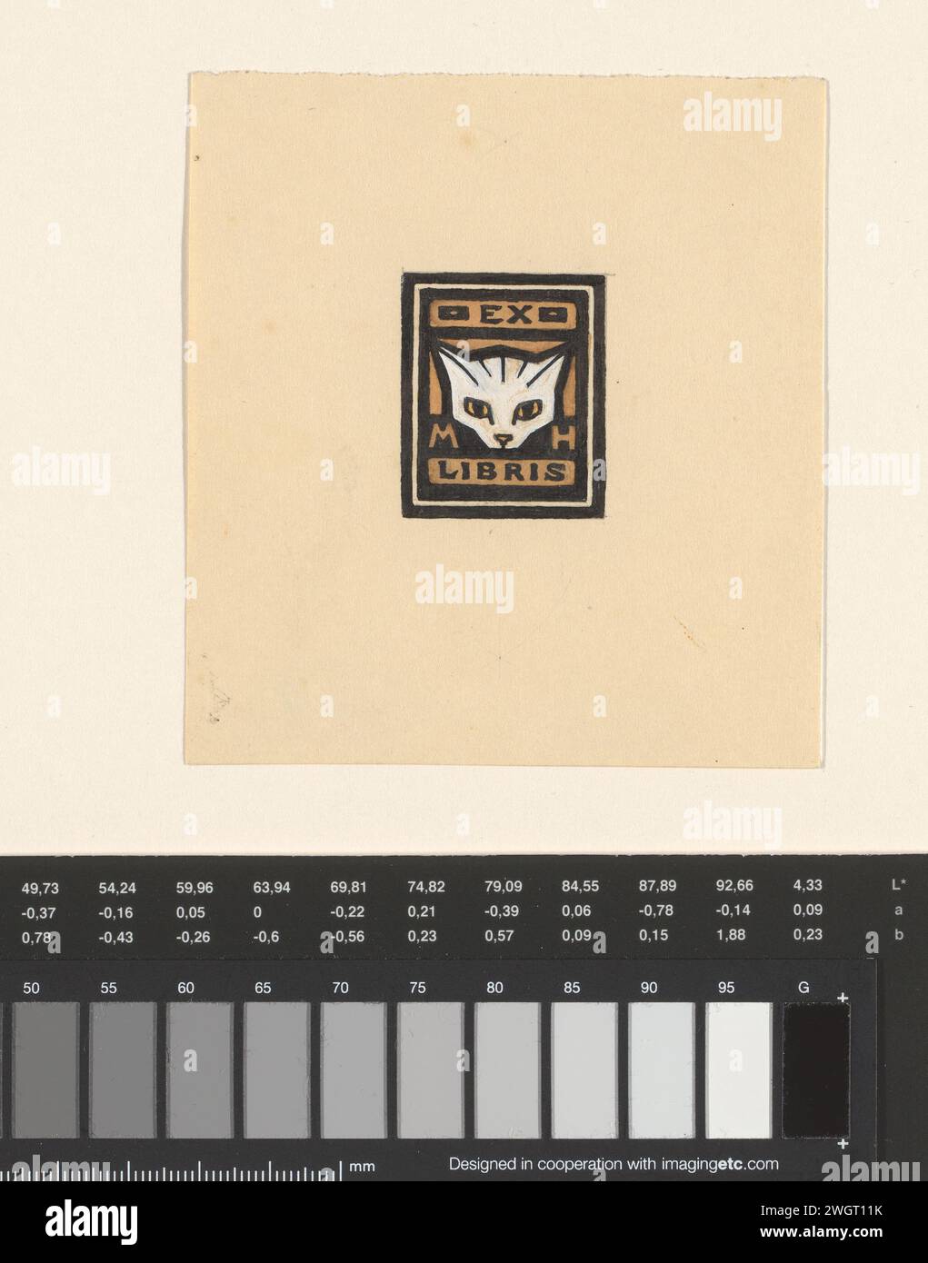 Disegno per un ex libris con le iniziali M.H. e la testa di un gatto, Julie de Graag, carta da disegno 1887 - 1924. vernice del ponte. inchiostro. penna a matita / spazzola cat Foto Stock