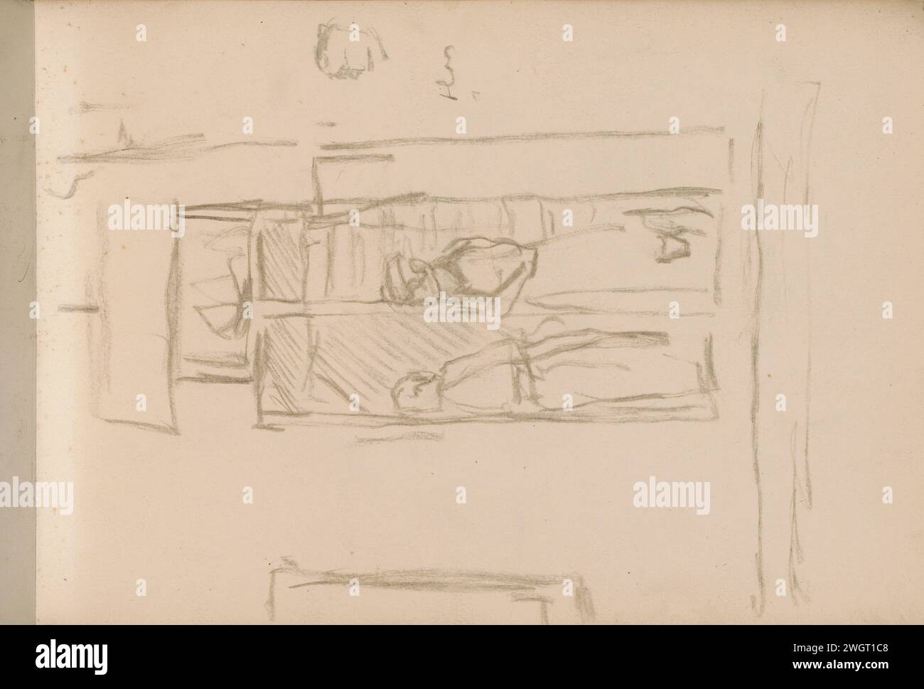 Due donne all'ingresso di New Teertuinen 33 ad Amsterdam, George Hendrik Breitner, c. 1898 - c. 1914 sopra la porta il mattone di fronte "Roode Caly". Pagina 28 da un bozzetto con 21 riviste. Giornale di Amsterdam. aprire la porta con il gesso. donna adulta (+ due persone). alloggi urbani. Tavoletta in pietra in facciata nuova teertuinen Foto Stock
