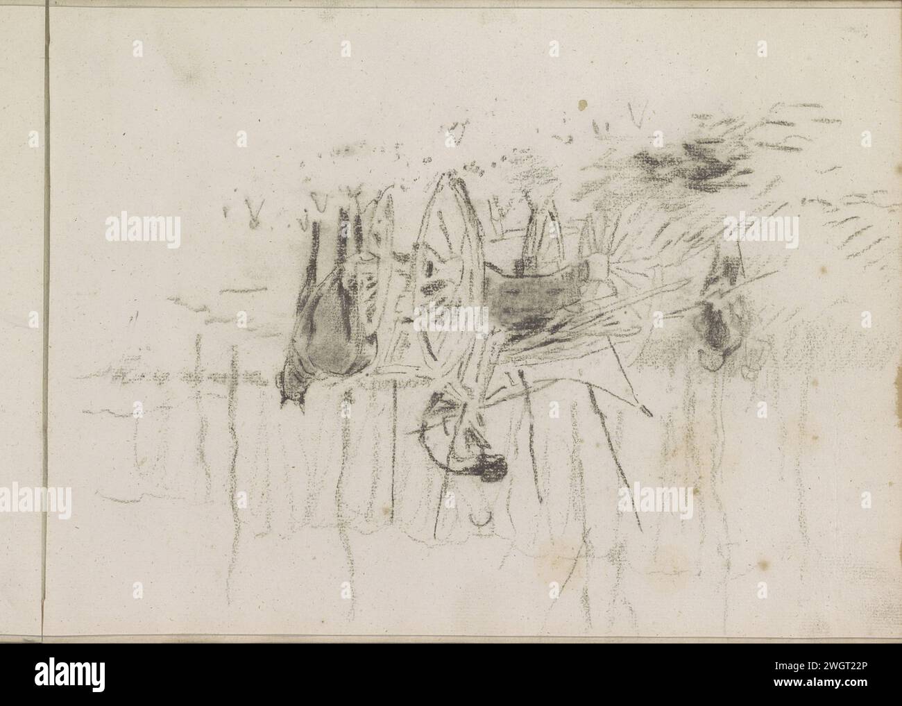 I lavoratori che disegnano su un carrello, 1848 - 1888 Un cavallo è teso davanti al carrello. Pagina 14 Recto da un bozzetto con 34 fogli. carta. carro (agricolo) con gesso, carro merci, carrello. alberi (+ ramo, avambraccio). industrie  legno Foto Stock