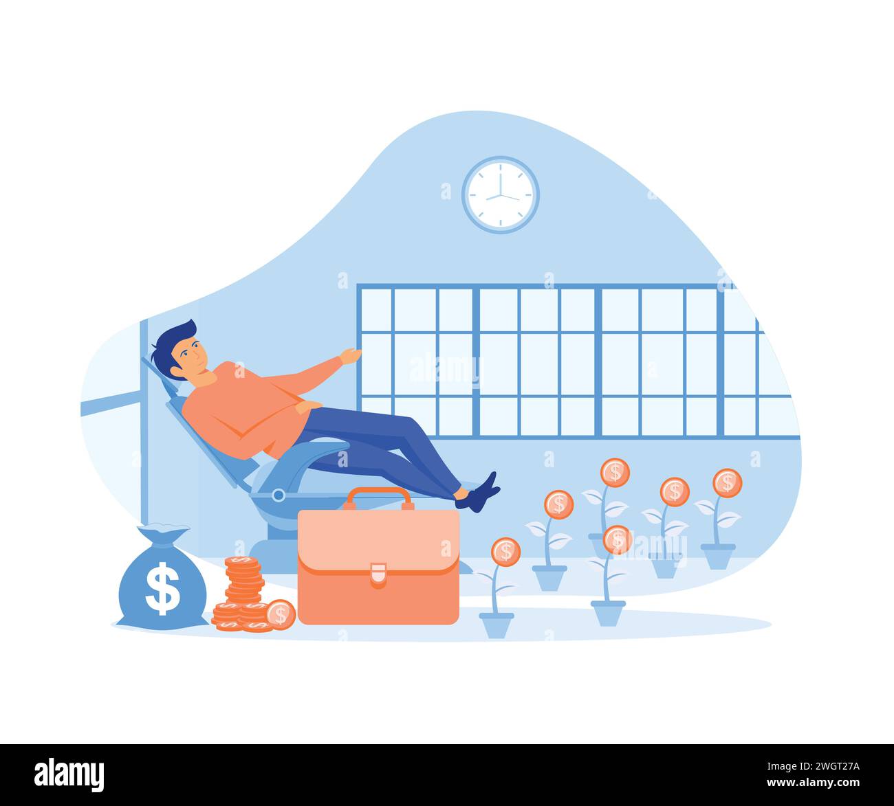 Concetto di reddito passivo, stipendio e profitti, un uomo si rilassa aspettando che i soldi entrino nella sua borsa del dollaro. illustrazione moderna vettoriale piatta Illustrazione Vettoriale