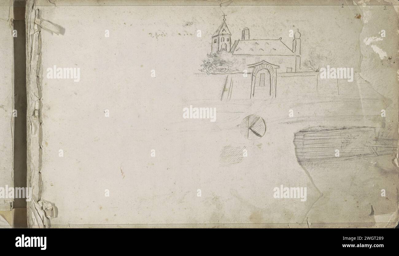 Chiesa dietro un muro con un cancello e un monogramma, 1646 - 1800 monogramma con la lettera "K" in cerchio. Pagina 1 recto da uno sketch book con 39 fogli. carta. matita. porta penna a inchiostro (esterno). cancello, ingresso Foto Stock