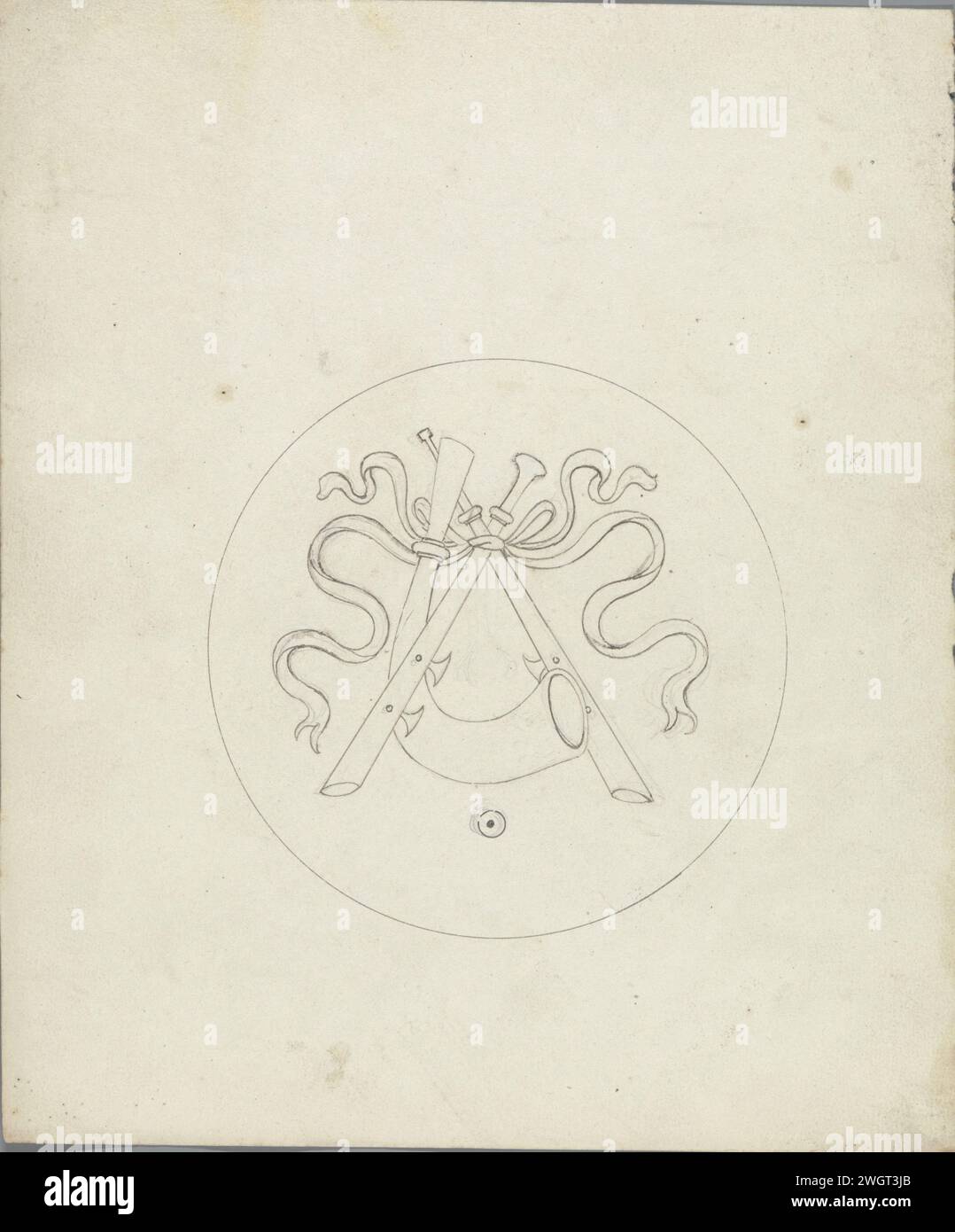 Tre strumenti a fiato, in o prima del 1828 uno dei 103 disegni per marcherie da nastri - strumenti musicali appesi in medaglioni rotondi, destinati al set di sedie realizzate da Van Doren per la grande sala del palazzo del Principe d'Orange a Bruxelles nel 1828. Giornale di Bruxelles. inchiostro. trofeo di grafite (minerale), ovvero: disposizione decorativa di oggetti simbolici o tipici  ornamento. Strumenti a fiato Palazzo reale Foto Stock
