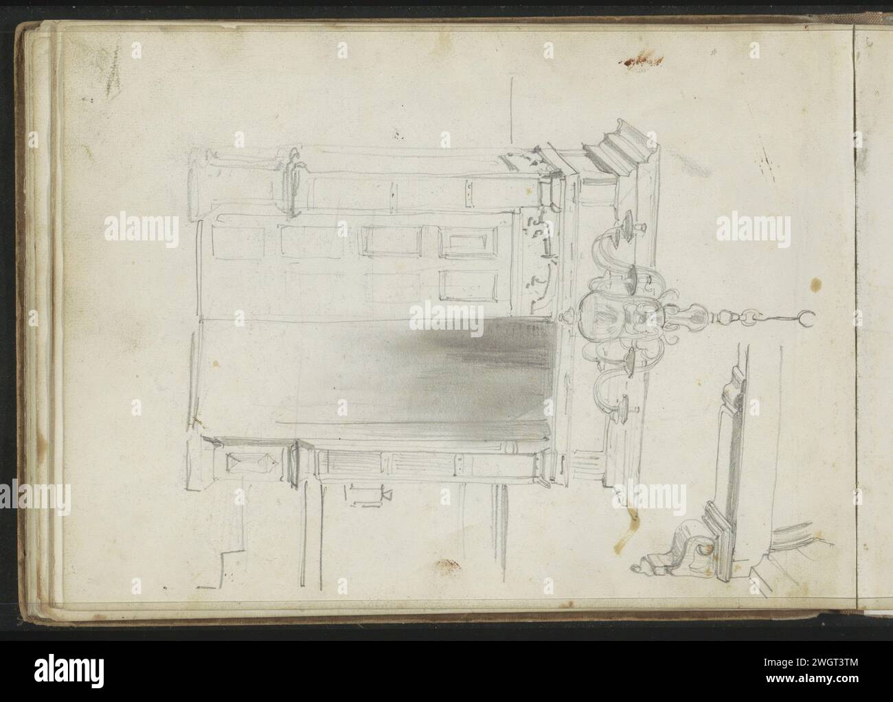 Porte della chiesa, viste dall'interno, 1827 - 1891 Un lampadario è appeso sopra le porte. Pagina 30 verso da un bozzetto di 41 pagine. carta. Porta a matita. Lampadario, un candelabro Foto Stock