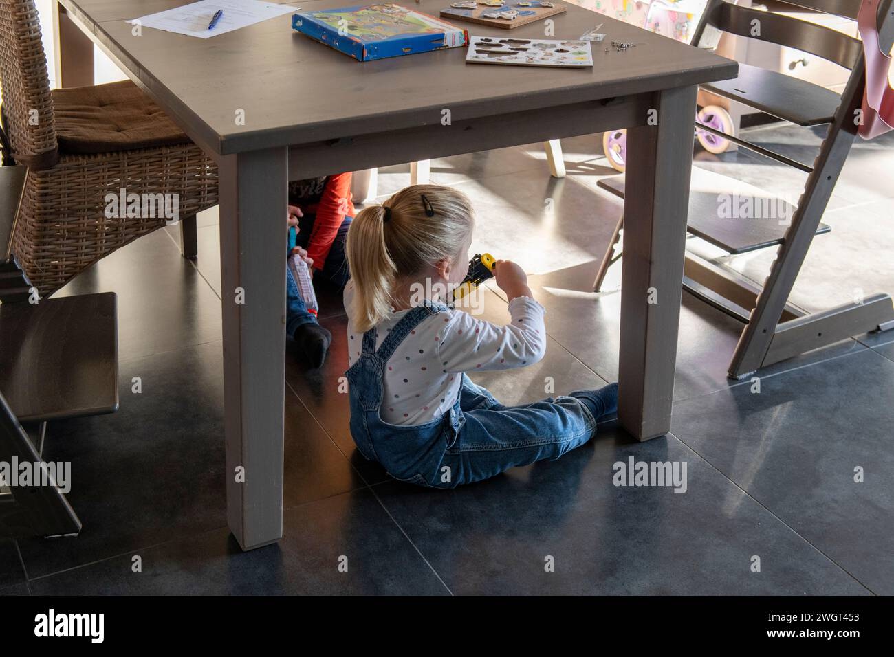Fratello e sorella che si uniscono seduti insieme sotto il tavolo della sala da pranzo giocando con i giocattoli Foto Stock