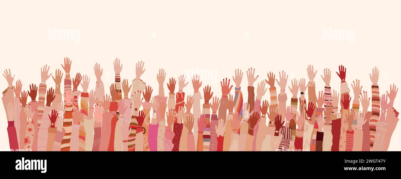 Molte mani e braccia alzate di donne multiculturali. Giornata internazionale della donna. Uguaglianza Allyship.Female comunità sociale di cultura diversificata. Empowerment Illustrazione Vettoriale