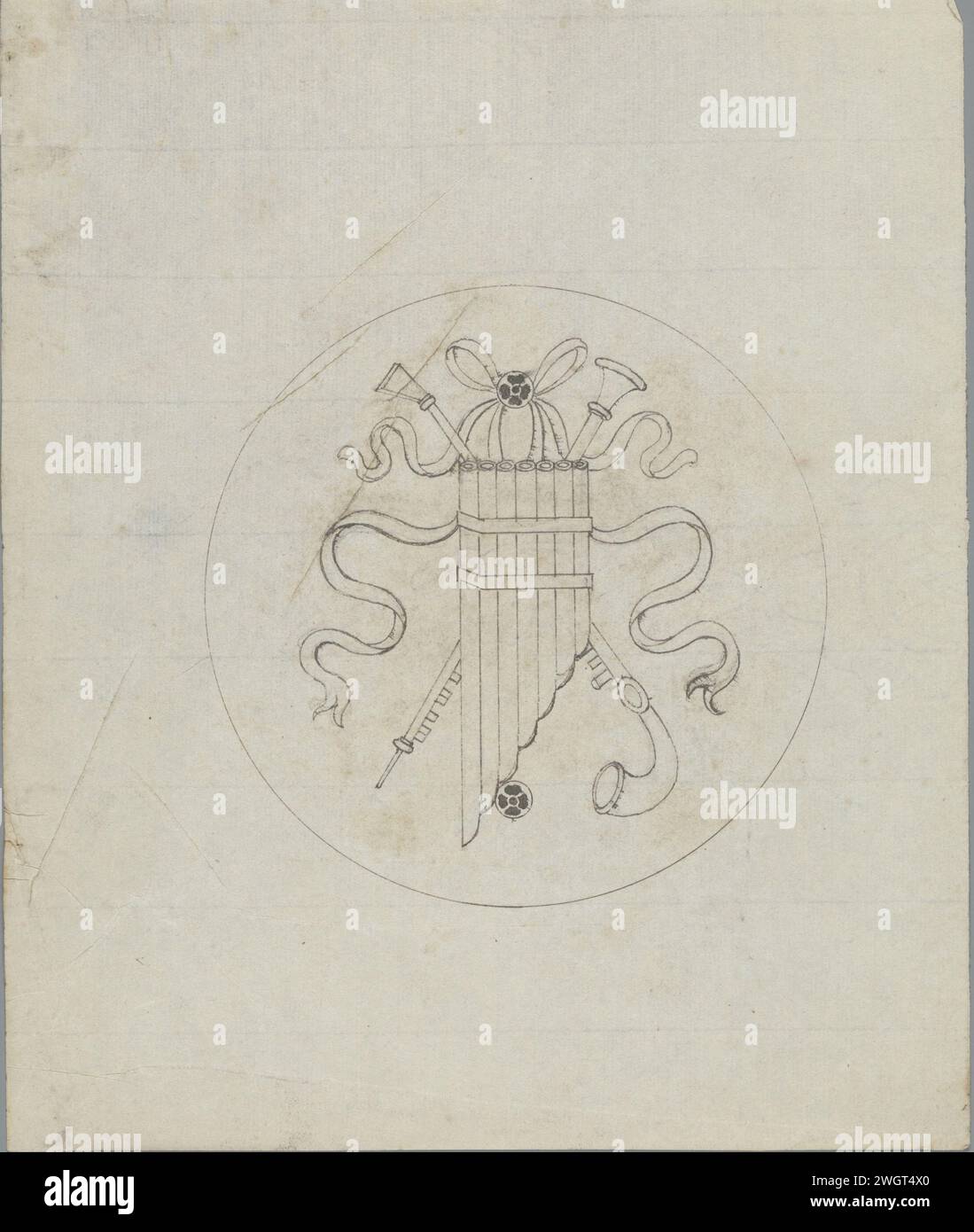 Tre strumenti a fiato, in o prima del 1828 uno dei 103 disegni per marcherie da nastri - strumenti musicali appesi in medaglioni rotondi, destinati al set di sedie realizzate da Van Doren per la grande sala del palazzo del Principe d'Orange a Bruxelles nel 1828. Giornale di Bruxelles. inchiostro. trofeo di grafite (minerale), ovvero: disposizione decorativa di oggetti simbolici o tipici  ornamento. Strumenti a fiato Palazzo reale Foto Stock