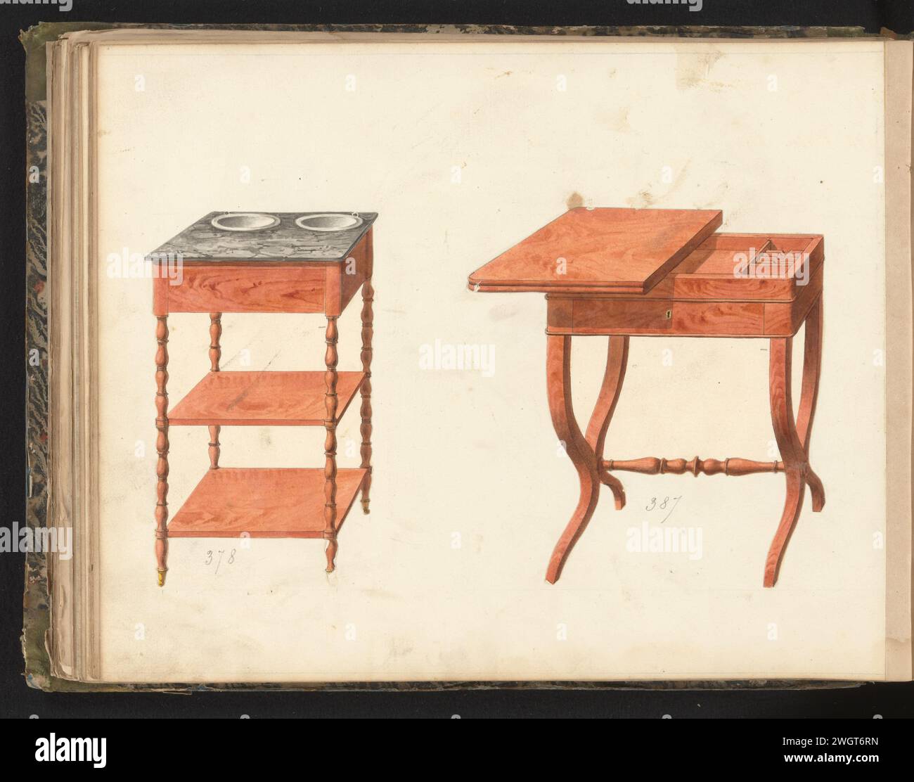 Disegnare un 'tavolino' e un tavolo da gioco, anonimo, c. 1825 - c. 1839 disegnare Un 'tavolino laterale' con due lavabi nel piano del tavolo in marmo, su gambe girate e con due ripiani e un tavolo da gioco (tavolo a piquet). La foglia sul retro numerata: 18, la foglia opposta con informazioni sui mobili raffigurati numerata: 18 bis. Parte di un album con 80 fogli con disegni e una stampa di mobili impiallacciati e laccati, nonché mobili per sedersi. Parigi (forse) carta. inchiostro. acquerello (vernice). penna a matita / tavolo pennello. tabella (+ legno e altro materiale fitogeno). giochi da tavolo Foto Stock