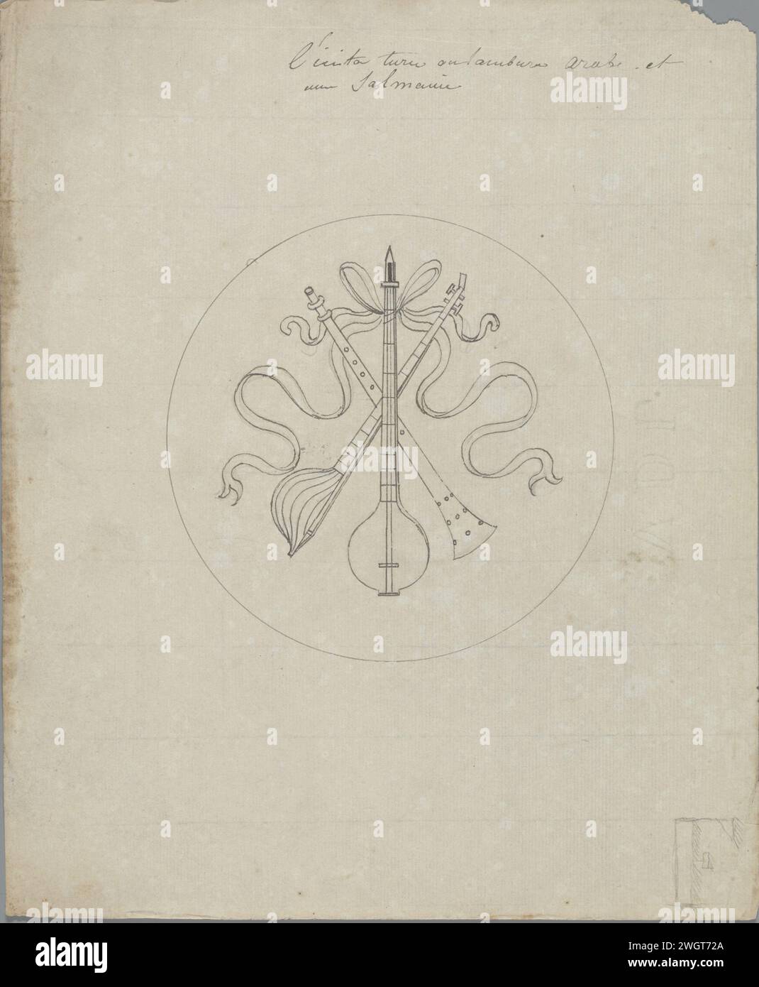 Il turco o arabo Tamburin e a Salmania, nel o prima del 1828 uno dei 103 disegni per marcherie da nastri - strumenti musicali appesi in medaglioni rotondi, destinati alla serie di posti realizzati da Van Doren per la grande sala del palazzo del Principe d'Orange a Bruxelles nel 1828. Schemi inferiori a matita. Giornale di Bruxelles. inchiostro. trofeo di grafite (minerale), ovvero: disposizione decorativa di oggetti simbolici o tipici  ornamento. Strumenti a corda (a pizzico) Palazzo reale Foto Stock