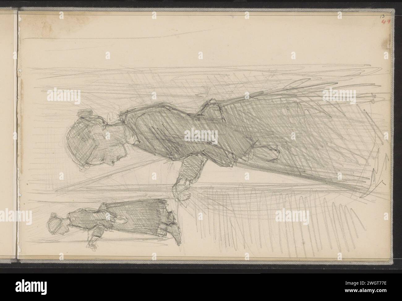 Donna in piedi accanto a un sipario in una porta, 1834 - 1911 pagina 13 Recto da un bozzetto con 30 fogli. carta. Figura stazionaria - AA - figura umana femminile. aprire lo sportello Foto Stock