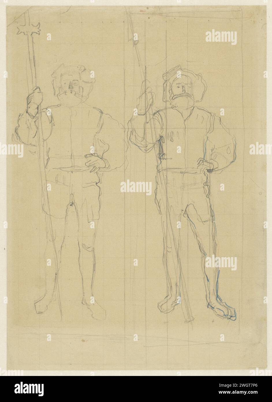 Due ragazzi nazionali in piedi, con Hellebaarden, Ferdinand Hodler, carta da disegno 1863 - 1918. gesso. figura a forma di matita. servizio di guardia, tenendo la sentinella Foto Stock