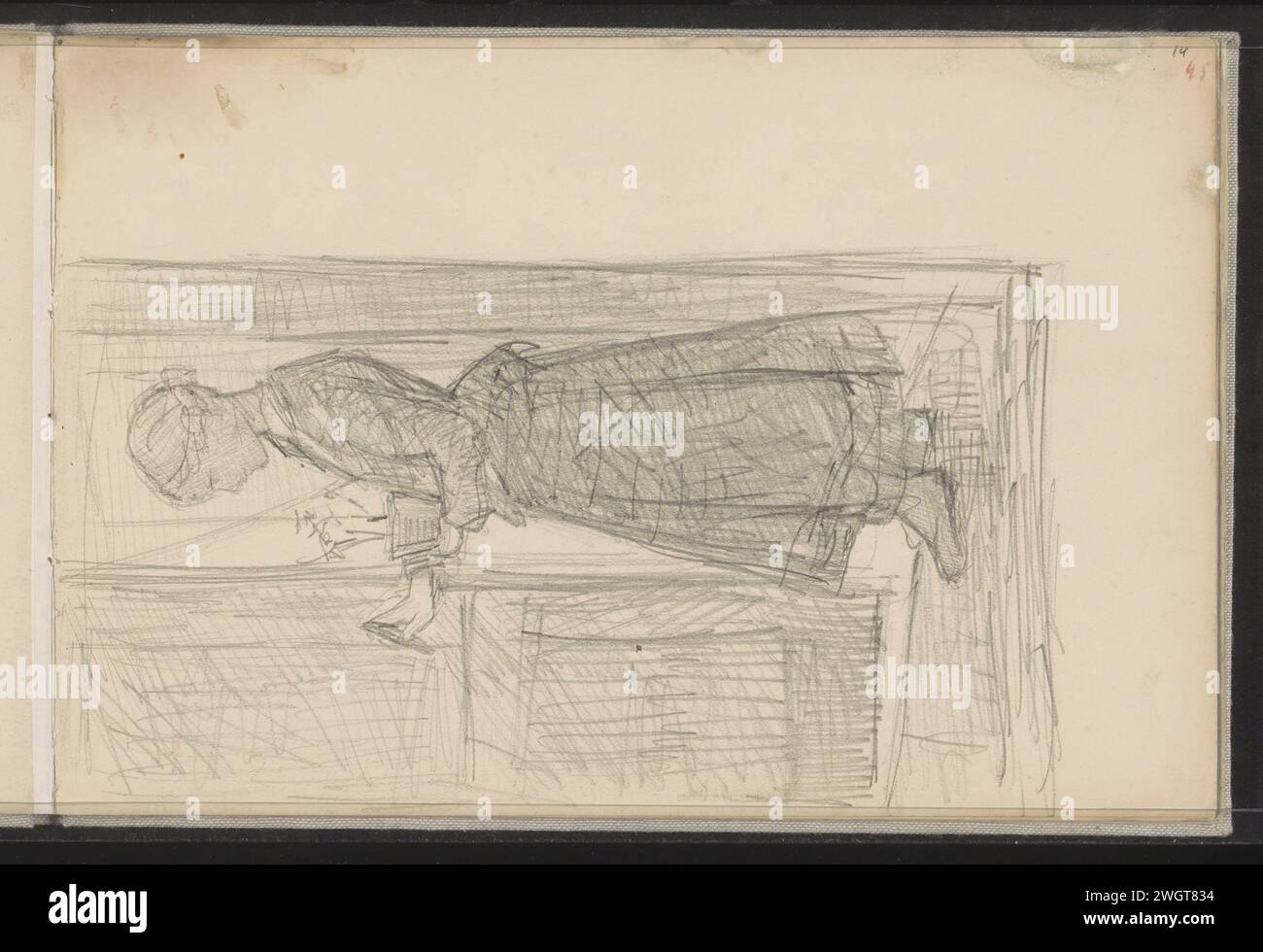 Donna in piedi con un vaso di fiori in una porta, 1834 - 1911 la donna ha un oggetto nella mano destra. Pagina 14 Recto da un bozzetto con 30 fogli. carta. Figura stazionaria - AA - figura umana femminile. aprire lo sportello. piante in vaso Foto Stock