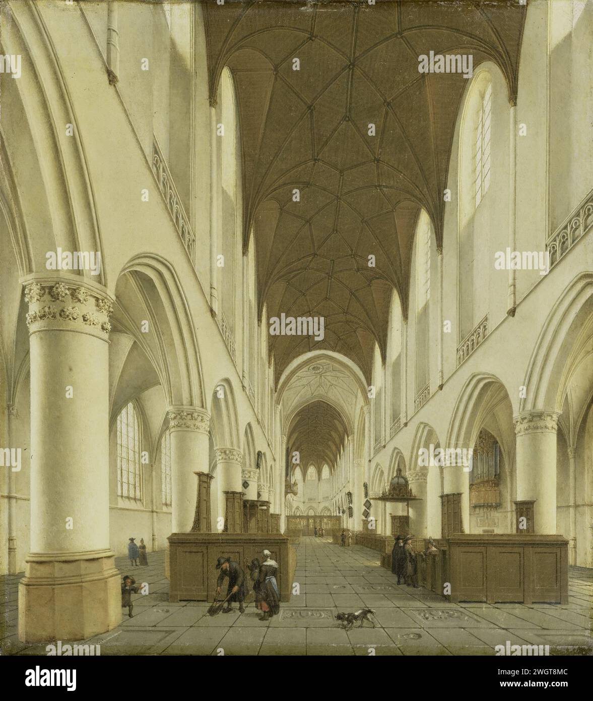 L'interno della chiesa di San Bavo ad Haarlem, Isaac Van Nickelen, 1660 - 1703 dipinge l'interno del Sint Bavokerk ad Haarlem. Interno della chiesa con una faccia attraverso la nave centrale fino al coro. Su entrambi i lati dei picchi, un uomo con le scope salviettine sulla sinistra. In primo piano un cane che abbaiava. tela. Vernice a olio (vernice) interna della chiesa Sint-Bavokerk Foto Stock
