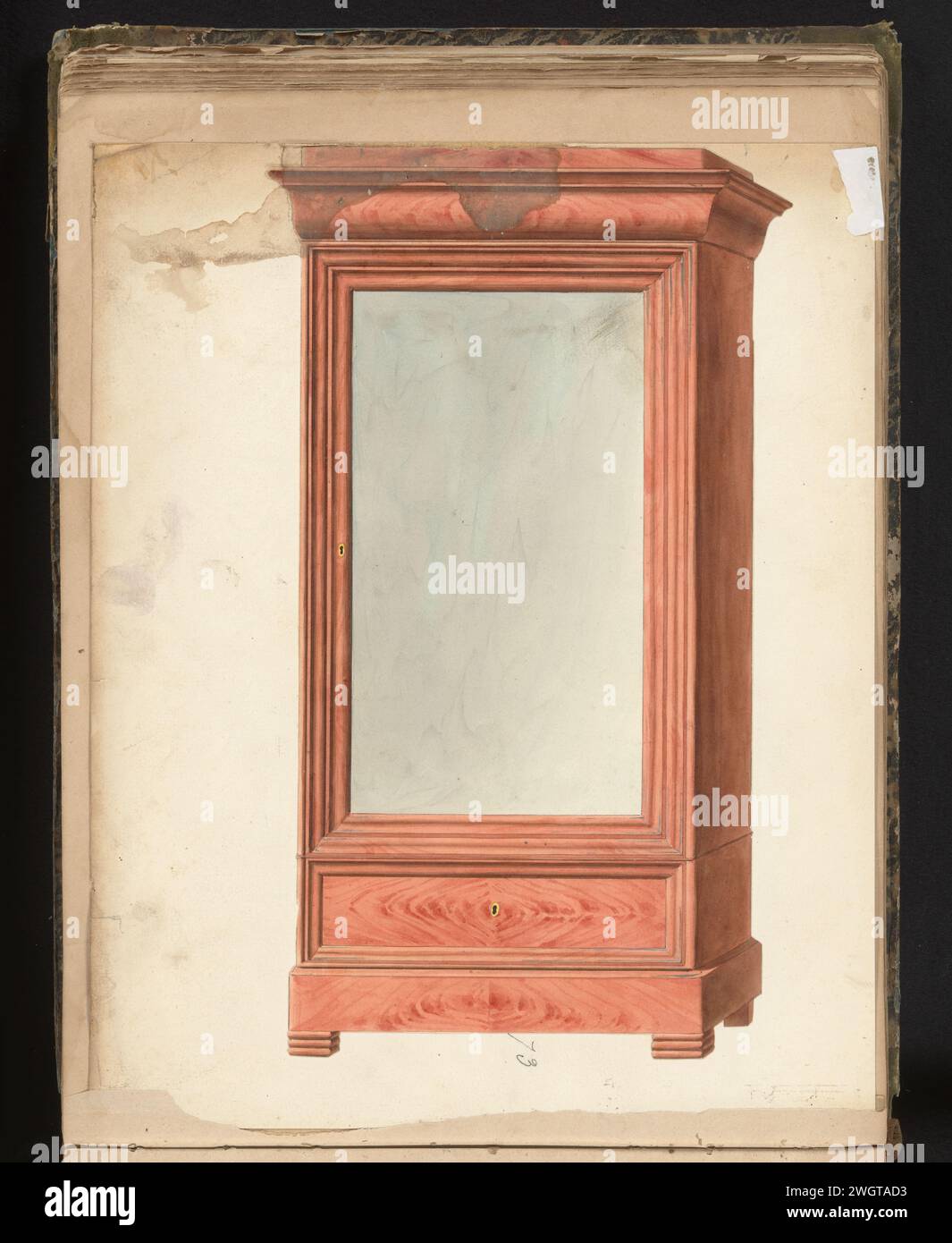 Design per armadio, anonimo, c. 1825 - c. 1839 disegno disegno disegno disegno disegno disegno di un armadio con specchio e un cassetto nella parte inferiore. La foglia sul retro numerata: 73, la scheda opposta con le informazioni sui mobili raffigurati: 73 bis. Parte di un album con 80 fogli con disegni e una stampa di mobili impiallacciati e laccati, nonché mobili per sedersi. Parigi (forse) carta. inchiostro. acquerello (vernice). penna a matita / tavolino (+ legno e altro materiale fitogeno) Foto Stock