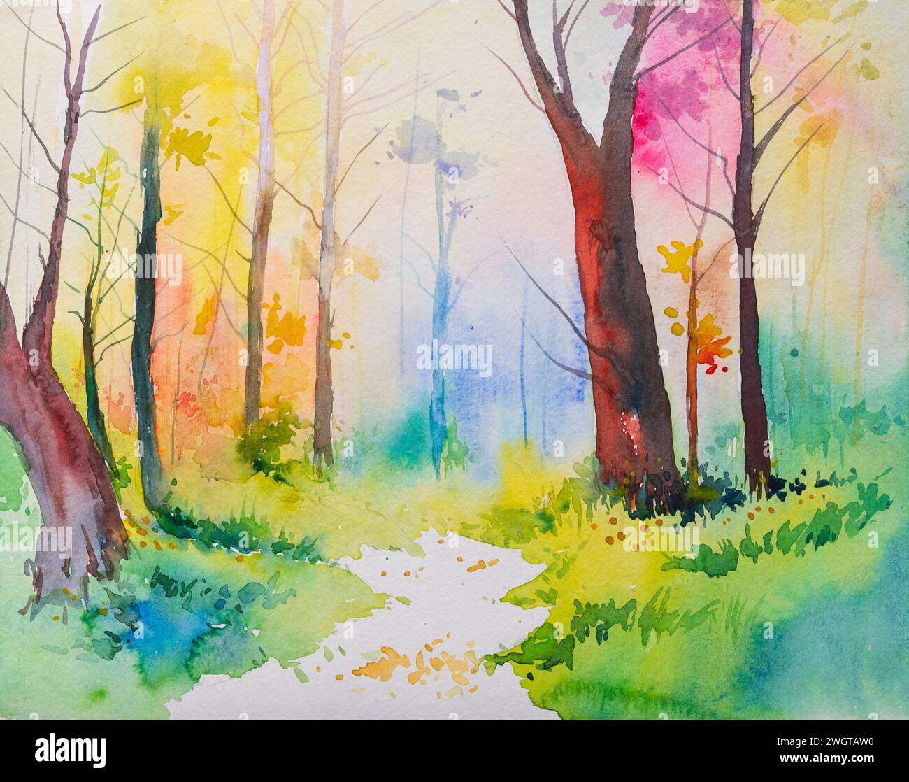 Bella pittura ad acquerello di alberi senza foglie in inverno mattina nella foresta. Illustrazione ad acquerello dipinta a mano. Arte indiana ad acquerello dipinta a mano. Foto Stock