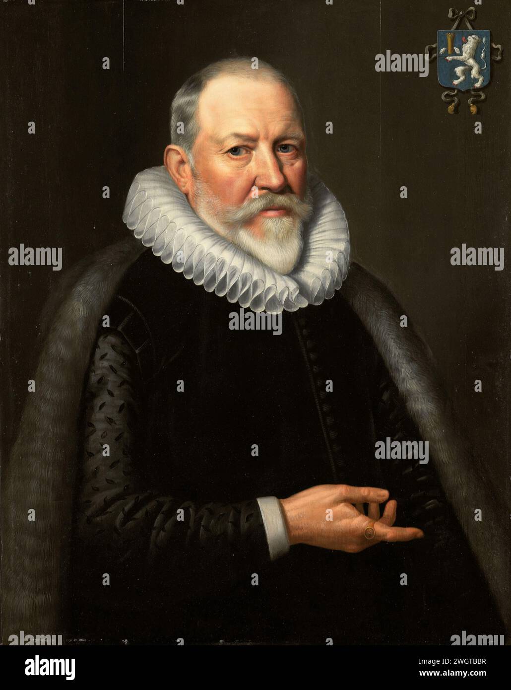 Ritratto di Maerten Ruychaver (1545-1626), Michiel Jansz van Mierevelt (copia dopo), dopo il 1653 dipinto Ritratto di Maerten Ruychaver, sindaco di Haarlem. Dimezzato, a destra, puntando con la mano destra. In alto a destra, lo stemma della famiglia. Pendente SK-C-521. pannello. Pittura a olio (vernice) persone storiche Haarlem Foto Stock