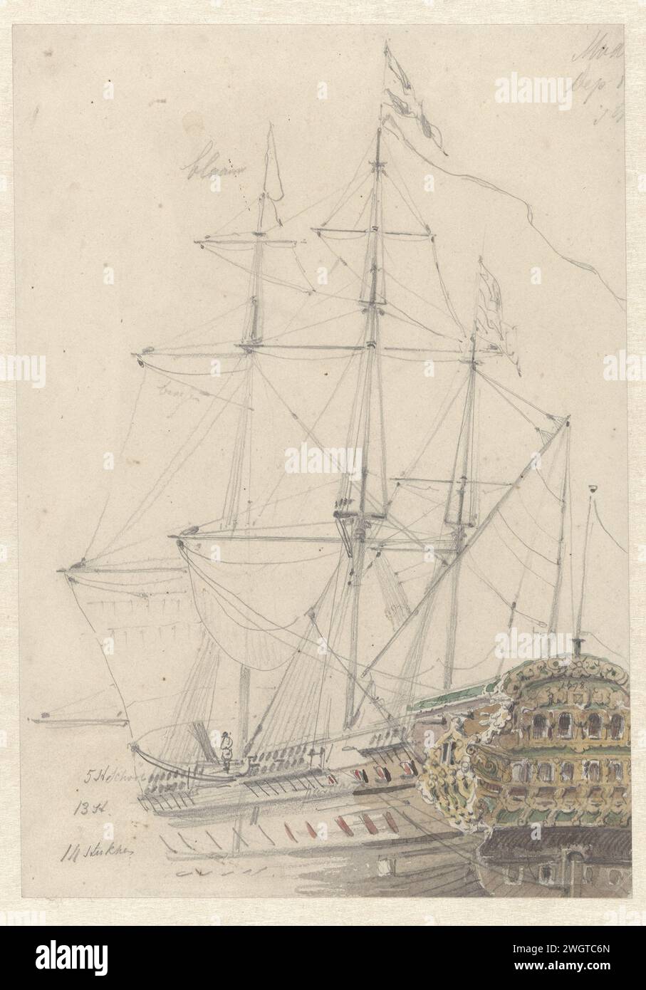 Schizzo su un modello di una carta da disegno del XVII secolo Hollands Fegat, Willem Gruyter Jr., 1827 - 1880. modello di nave con spazzola per gesso. marina militare (+ navi a vela) Foto Stock