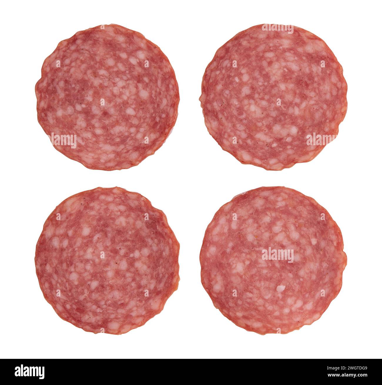 pezzi di salsiccia di salame affettato disposti per creare un layout, fette di salsiccia di salame isolate su sfondo bianco con percorso di ritaglio Foto Stock