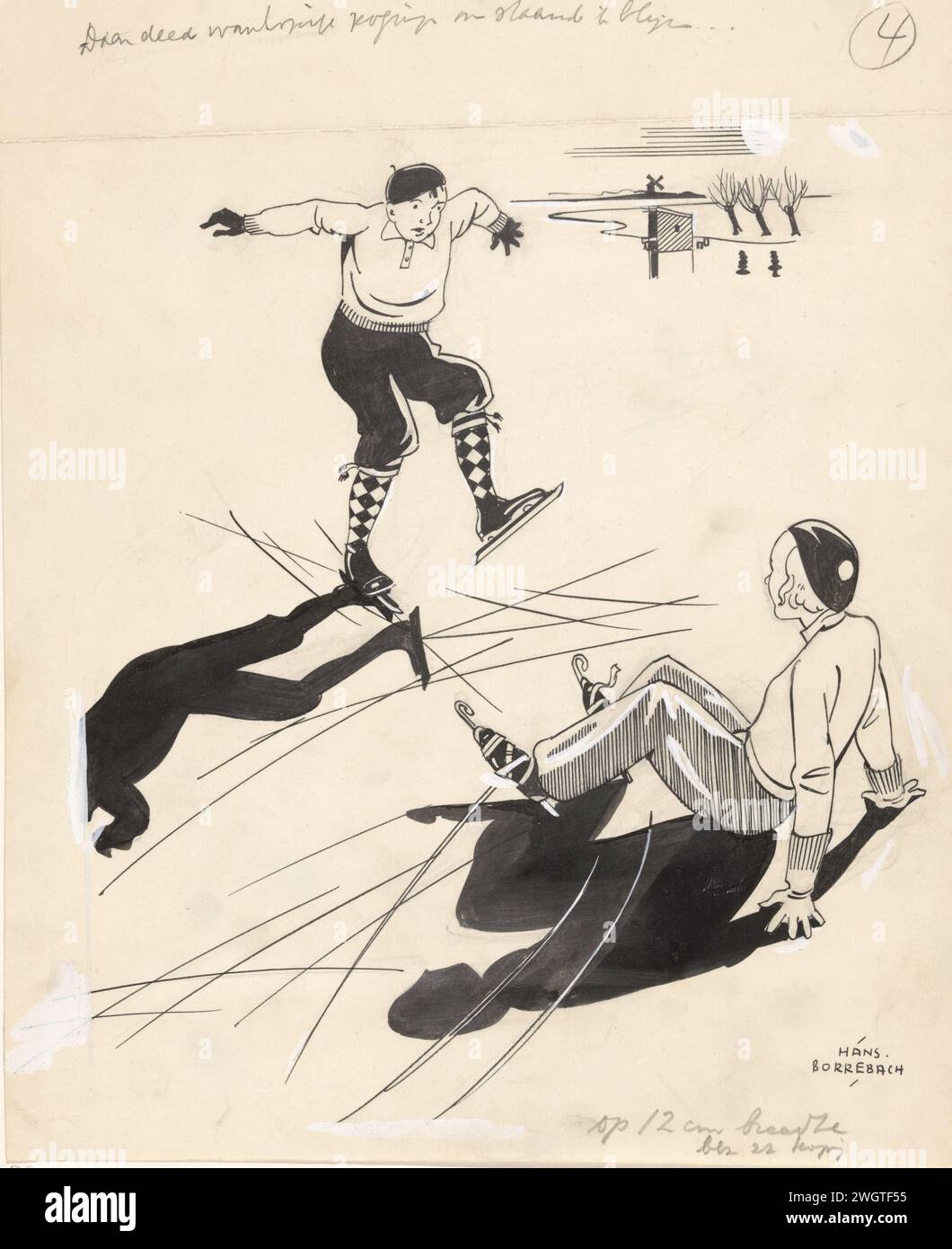 Caduto e caduto ragazzo sul pattinaggio, in o prima del 1933 disegnando paesaggio invernale con due ragazzi in abiti caldi sul pattinaggio. Un ragazzo è caduto e giace sul ghiaccio, guarda un secondo ragazzo che sembra ripiegare. Sullo sfondo pollard salice e una carta da macina. Inchiostro India (inchiostro). vernice del ponte. pennarello a penna/pennello (sport invernali). caduta. ghiaccio ~ stato dell'acqua Foto Stock