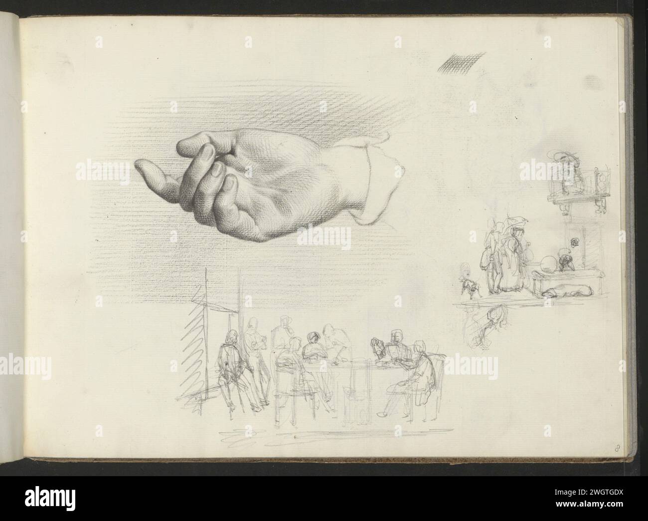 Foglio di studio, tra cui con una mano e un gruppo intorno a un tavolo, c. 1840 anche uno studio di un uomo con un cane e una donna con un ombrellone vicino a una porta. C'è un cane vicino alla porta. Pagina 8 Recto da uno sketch book con 24 fogli. carta. matita. mano di gesso. tabella. porta Foto Stock