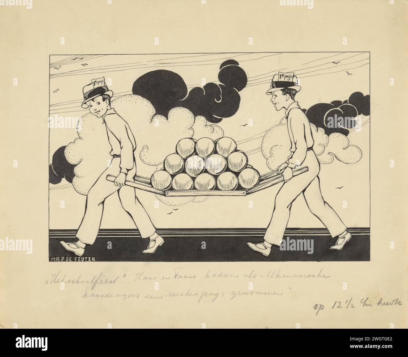 Hans e Frans vestiti come portapacchi di formaggio Alkmaar, c. 1928 - c. 1941 disegnando Hans e Frans camminano con un berrie di legno su cui trasportano pile di formaggi. Indossano l'uniforme di un portapacchi di Alkmaar e ciascuno ha un cappello su cui è stata messa una carta con il "primo prezzo". carta. Inchiostro India (inchiostro). penna a matita / pennello per formaggio. trasporto di qualcosa (+ due persone  traffico e trasporti) Foto Stock