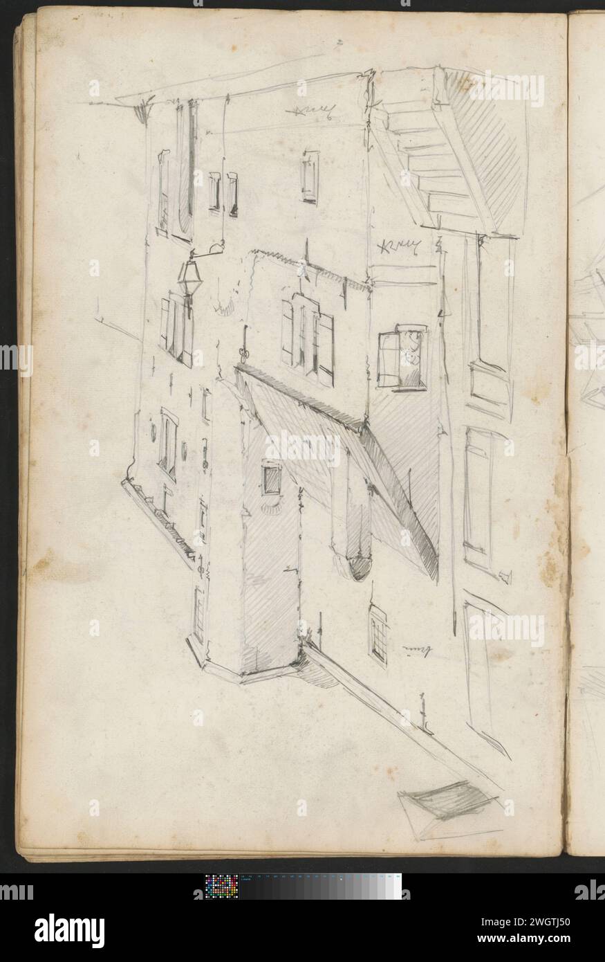 Discorso di strada, 1849 - 1895 Una scala corre verso la porta d'ingresso di una delle case. Una donna guarda fuori da una finestra. Pagina 16 verso da un bozzetto con 42 fogli. carta. via delle matite Foto Stock