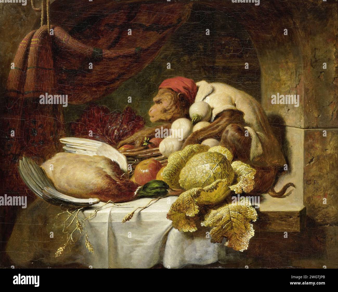 "Red cap", George Lance, 1857 dipingendo in una nicchia di pietra c'è una natura morta di verdure (cavolo verde, rape e carote) e un'anatra selvatica. Nel mezzo, 'Red Cap', una scimmia con una giacca e un cappello rosso sulla testa. pannello. vernice a olio (vernice) ancora viva degli oggetti correlati. alimenti; natura morta dei prodotti alimentari. scimmie, scimmie Foto Stock