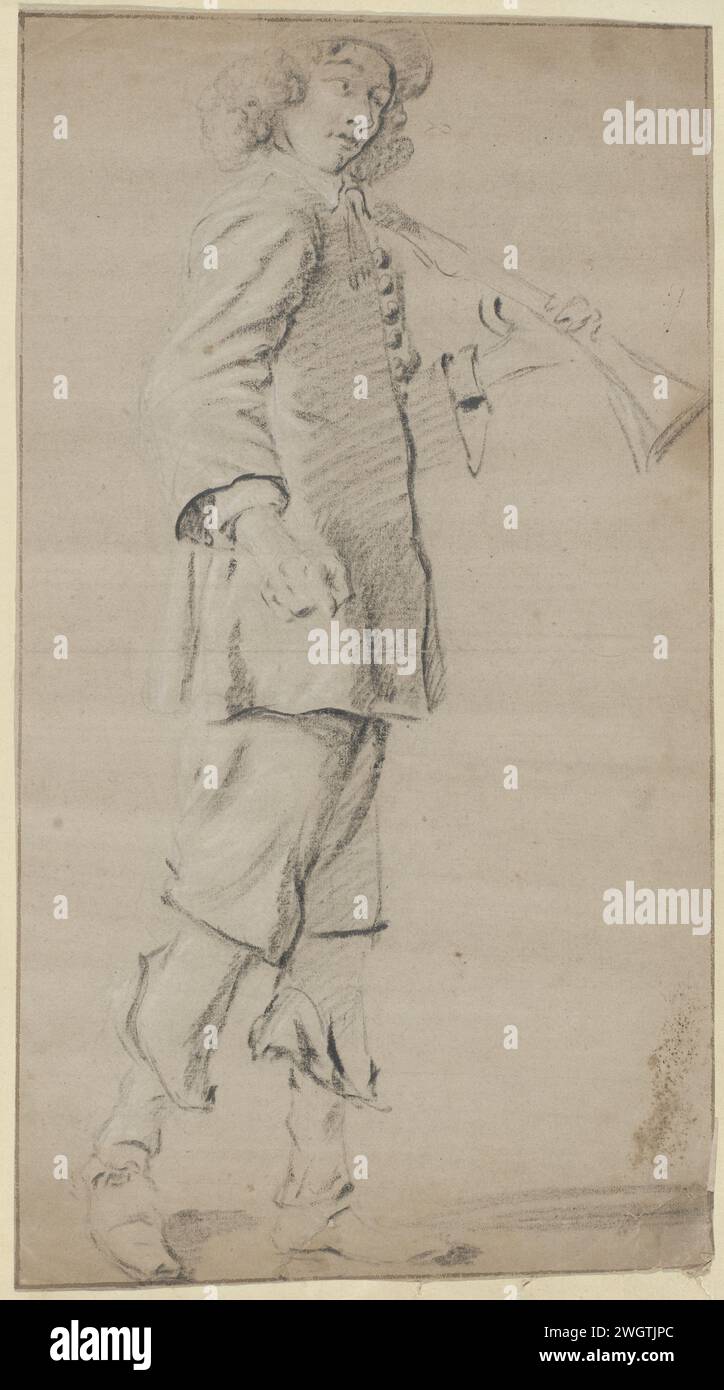 Uomo in piedi con la pistola sulla spalla, anonimo, c. 1600 - c. 1699 disegnando carta olandese preparata. gesso Foto Stock
