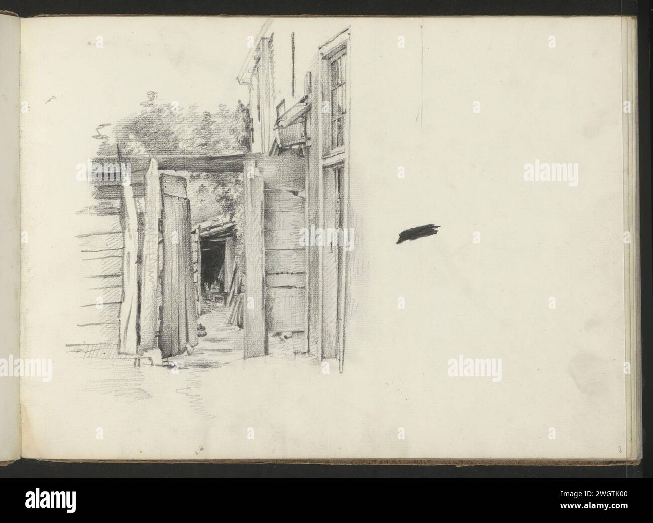 Recinzione con una porta sul retro, c. 1840 Un fienile può essere visto attraverso la porta aperta nella recinzione. Pagina 3 Recto da uno sketch book con 24 fogli. carta. cortile a matita. recinzione, muro, palpazione. capannone Foto Stock