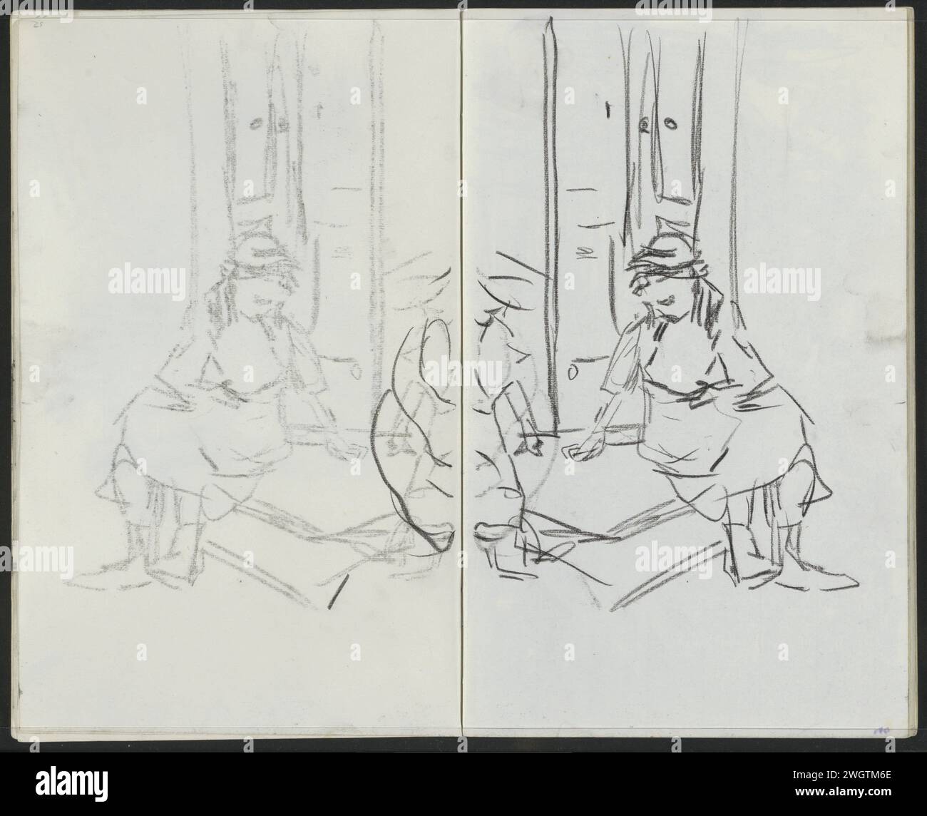 Due ragazze che giocano su un marciapiede, 1875 - 1934 Leaf 9 verso e page 10 Recto da Sketchbook XI con 30 fogli. Giornale di Amsterdam. gesso (bambino tra bambino e bambino) (+ seduto). porta. giochi e giochi per bambini Foto Stock