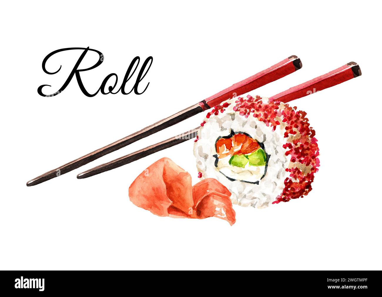 Sushi Rolls con tabacchi di caviale rosso con bacchette. Illustrazione ad acquerello disegnata a mano, isolata su sfondo bianco Foto Stock