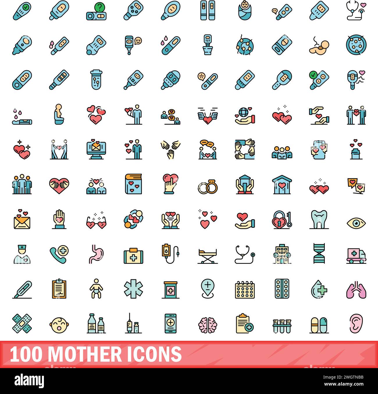 set di 100 icone madre. Set di linee cromatiche di icone vettoriali madre linee sottili di colore piatto su bianco Illustrazione Vettoriale