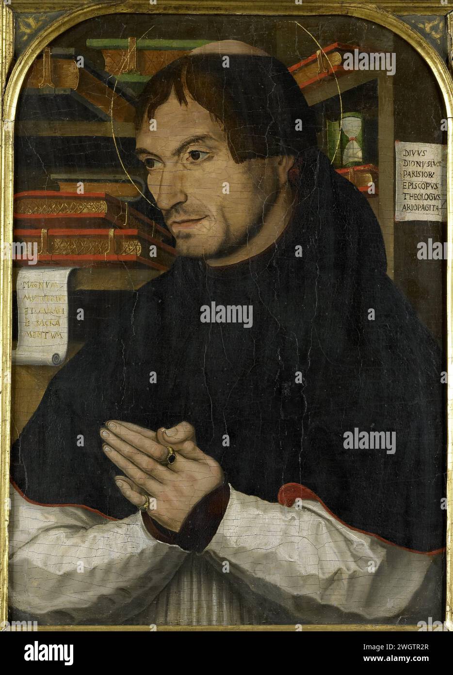 San Dionigi l'Areopagita in preghiera, anonimo, 1505 - 1510 dipinto il Santo Dionigi l'Areopagita in preghiera. In piedi, a metà strada, con le mani piegate in preghiera, nel suo studio per una libreria, sulla destra una clessidra. Pannello di Avignone. truciolato. Vernice a olio (vernice) Dionigi l'Areopagite. Studioso nel suo studio la Francia Foto Stock