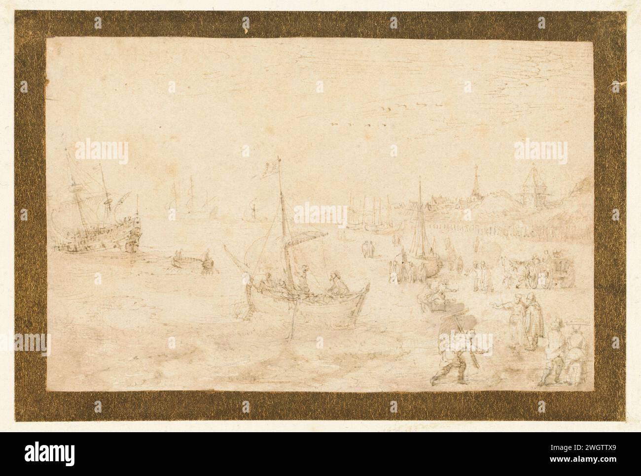 Spiaggia vicino a Scheveningen con auto, chiatta da pesca e gente, Hendrick Cornelisz Vroom (possibile), carta da disegno 1576 - 1707. penna a inchiostro / pennello costa (+ paesaggio con figure, personale). navi (in generale) Foto Stock