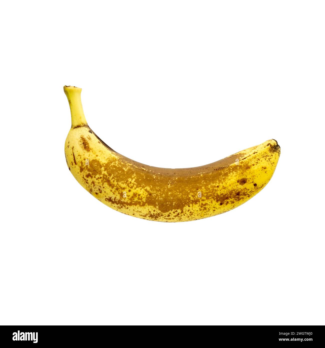 Banana vecchia in putrefazione isolata su sfondo bianco, frutta vista laterale Foto Stock