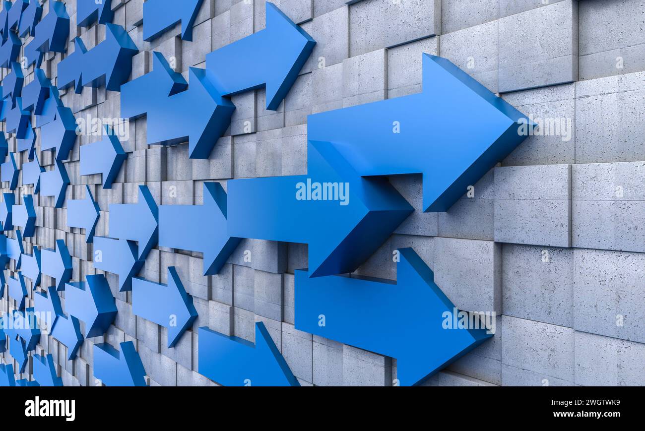 frecce blu sulla parete in cemento a mosaico. rendering 3d. Foto Stock