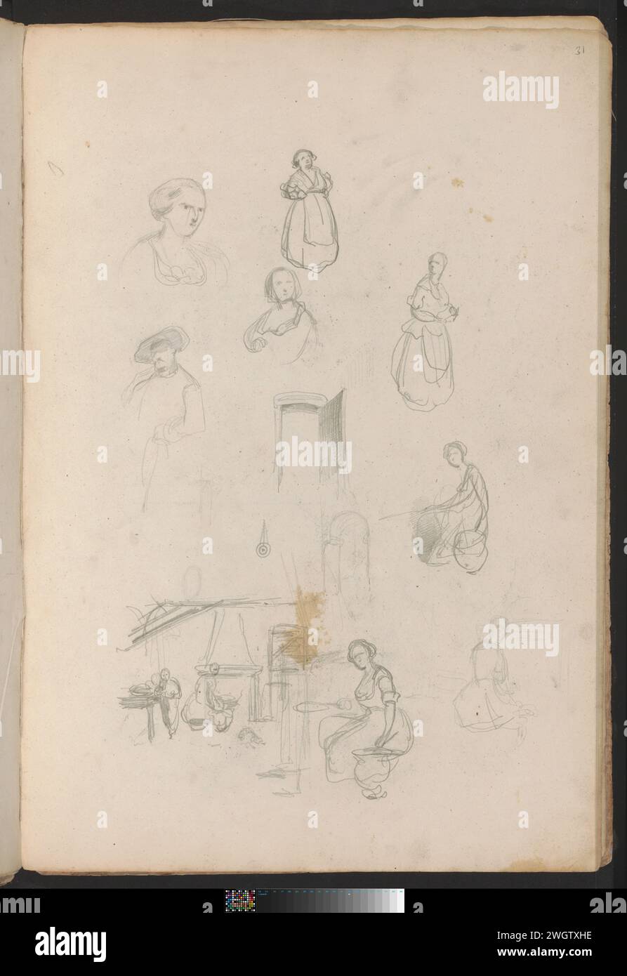 Foglio di studio con figure, aperture delle porte e interni di un agricoltore, 1837 - 1881 pagina 31 Recto da un bozzetto con 33 fogli e 10 disegni separati. carta. anatomia a matita (non medica). aprire lo sportello. cottage - AA - architettura civica: All'interno Foto Stock