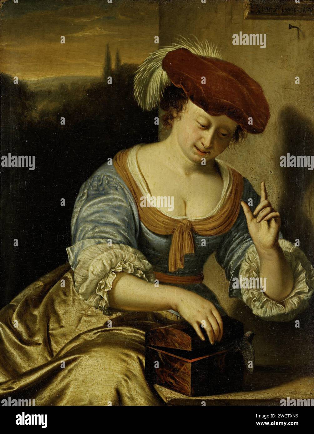 Escaped Bird: Allory of Chastity, Frans van Mieris (i), 1676 Painting the Escaped Bird: Allory on the Lost Chastity. Una giovane donna seduta fuori su una panchina cerca di evitare che un uccello esca da una scatola. Ferma la mano sinistra, un berretto con un pennacchio sulla testa. pannello. vernice a olio (vernice) gabbia per uccelli aperta (perdita di verginità simboleggiata). uccello in una gabbia. adolescente, giovane donna, fanciulla. capocorda: beret Foto Stock