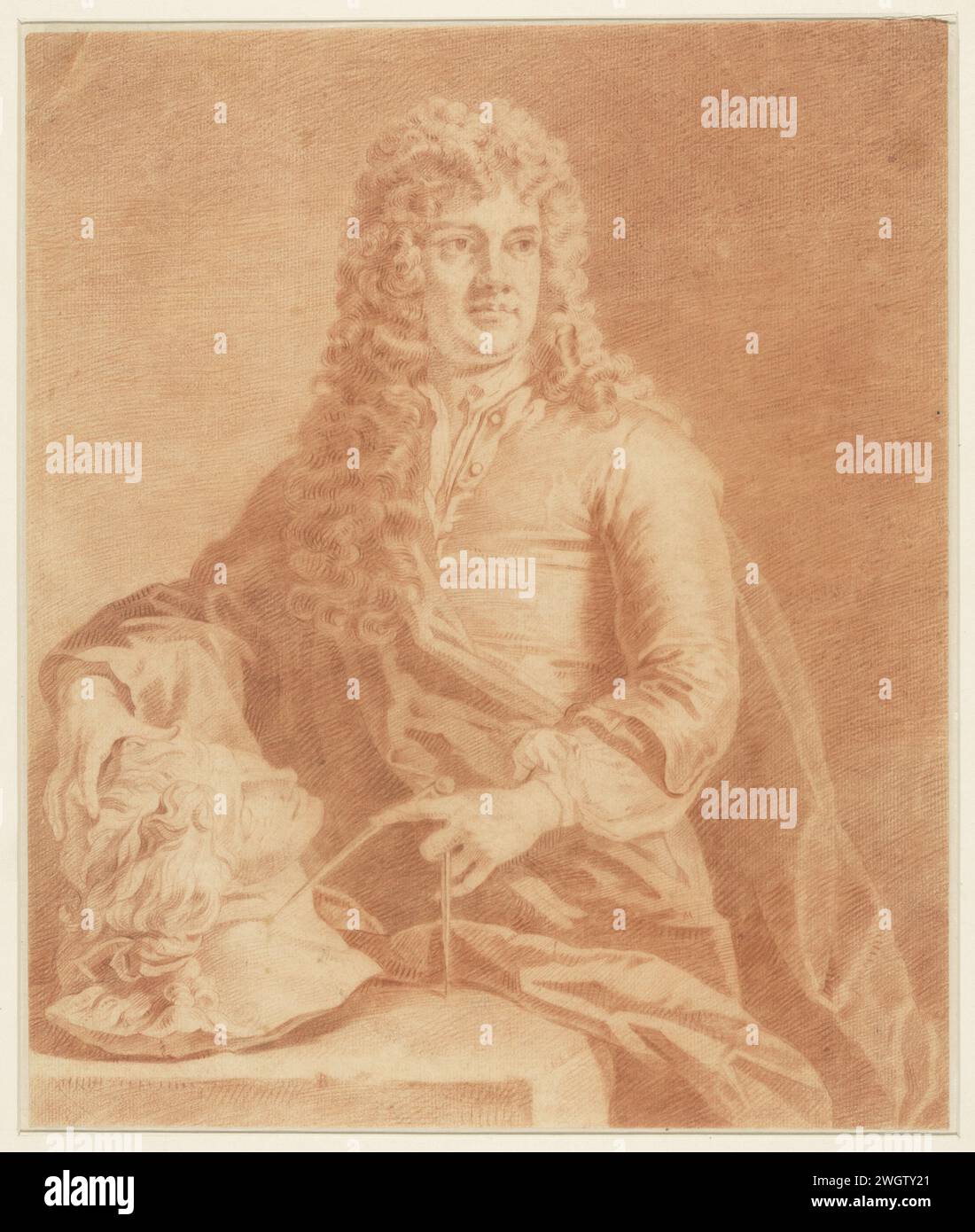 Ritratto di Pieter van der Plaes, Pieter Schenk (i) (possibilmente), dopo Gottfried Kneller, 1670 - 1711 carta da disegno. ritratto di gesso, autoritratto di artista. persone storiche Foto Stock