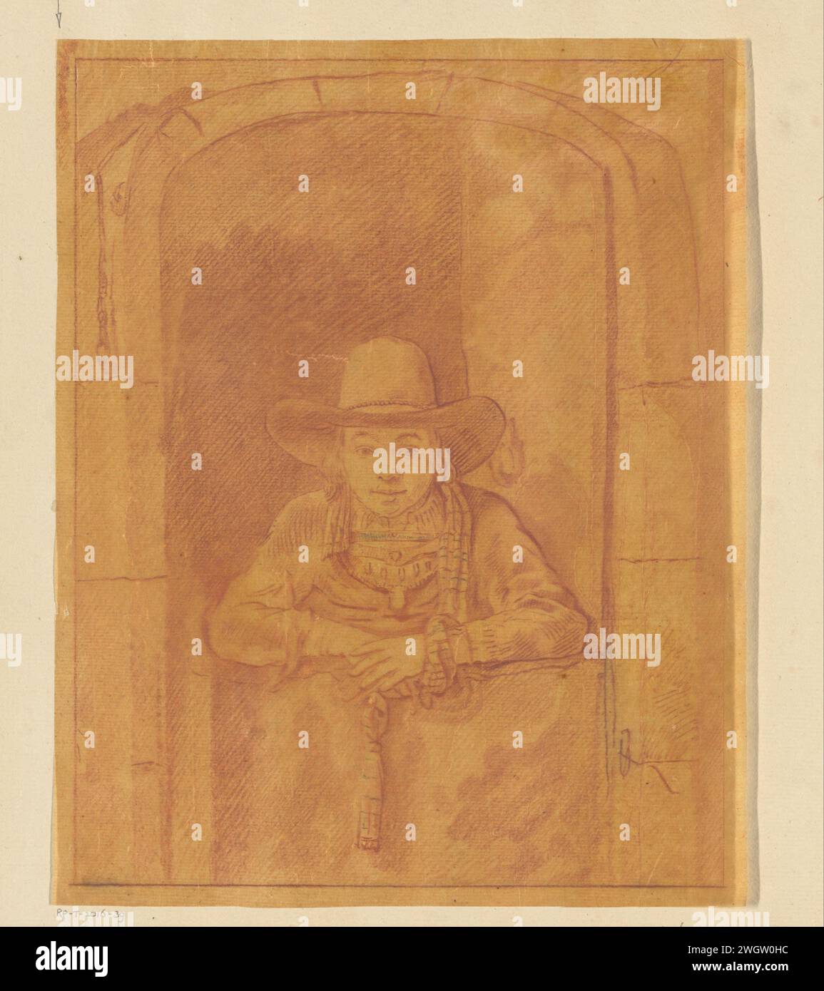 Ragazzo appoggiato su una porta inferiore, Cornelis Ploos van Amstel, dopo Samuel van Hoogstraten, dopo Rembrandt van Rijn, 1763 Un ragazzo, con un cappello sulla testa, si appoggia su una porta inferiore. The Calque is Loose in un album, vedere pagina 6. Carta da ricalco di Amsterdam. gesso. porta divisa a matita, parte superiore aperta. ragazzo (bambino tra bambino e bambino) Foto Stock