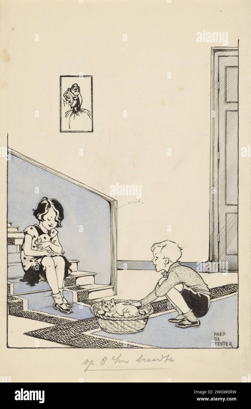 Due bambini in un nido con gattini, c. 1928 - c. 1941 disegnando in fondo ad una scala in un salone c'è un cestino con un gatto e i suoi gattini. Un ragazzo sta accovacciando il cesto e colpisce il gatto. Sulle scale c'è una ragazza con un gattino tra le braccia. carta. Inchiostro India (inchiostro). inchiostro. scala pennello/penna a matita. cat. bambino Foto Stock