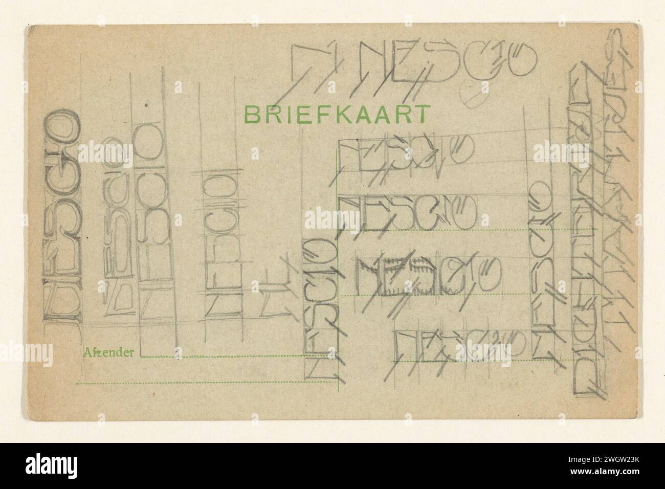 Lettera di disegno 'Nescio', Reijer Stolk, in o prima del 1918 disegno fatto su una cartolina. carta. scrittura a matita, scrittura come attività Foto Stock
