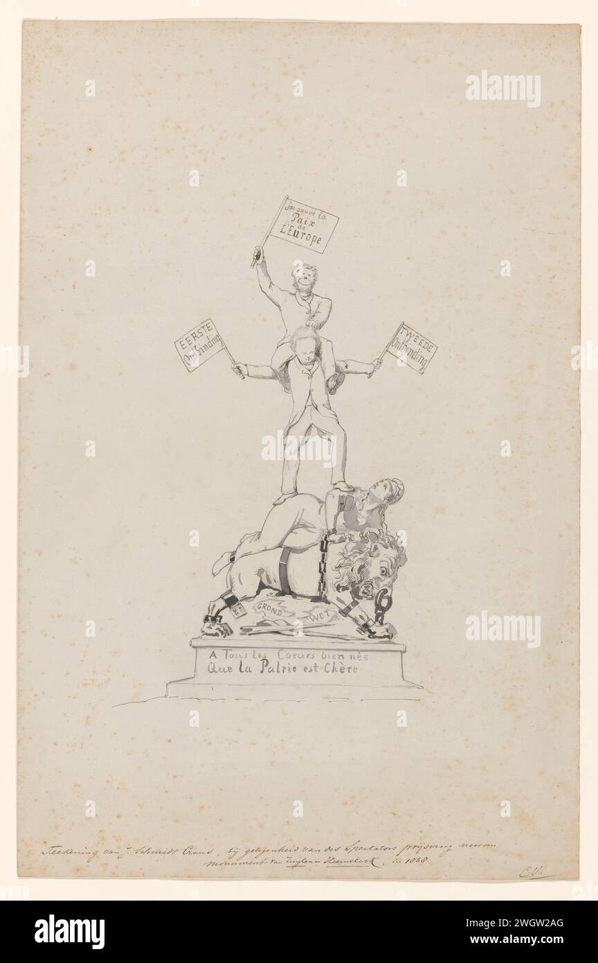 Progetto per un monumento in occasione della Room Definance nel 1868, Johan Michaël Schmidt Crans, 1868 carta da disegno. inchiostro. penna a matita / pennello persone storiche. eventi e situazioni storiche. pezzo di scultura, riproduzione di un pezzo di scultura. caricature e satire politiche. rappresentanza popolare  governo. personificazioni di paesi, nazioni, stati, distretti, ecc. Foto Stock