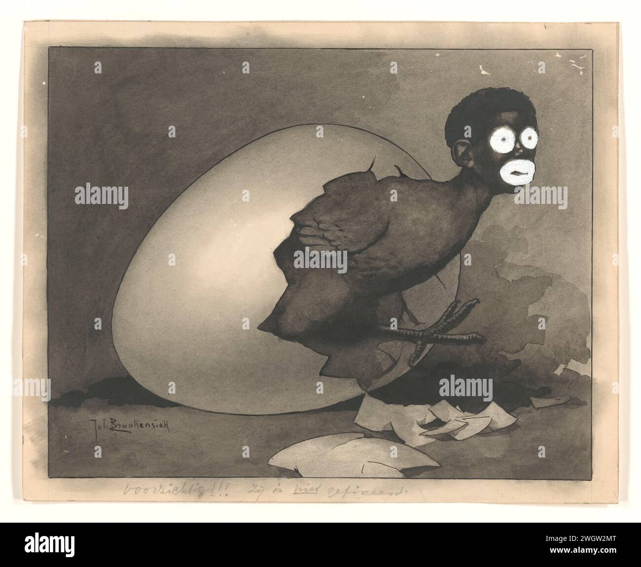 Design per illustrazione nell'Amsterdammer: Un uomo nero strizza da un uovo (19 aprile 1930), Johan Braakensiek, 1930 disegno disegno disegno disegno disegno per una stampa. carta. vernice del ponte. il gesso spazzò caricature politiche e satire Foto Stock
