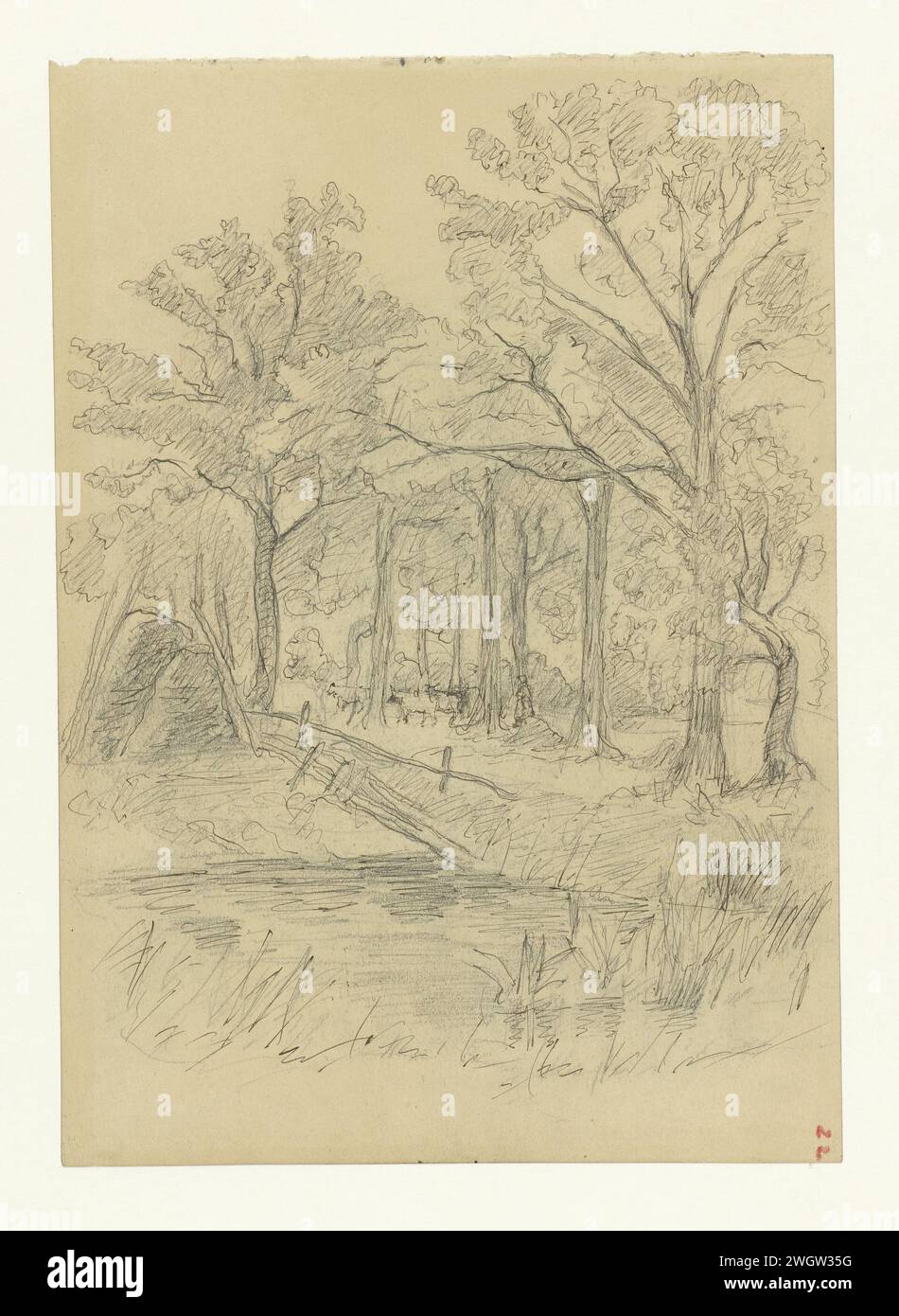 Paesaggio forestale con bestiame, Jozef Israëls, 1834 - 1911 carta da disegno. inchiostro. foresta di penne a matita, legno Foto Stock