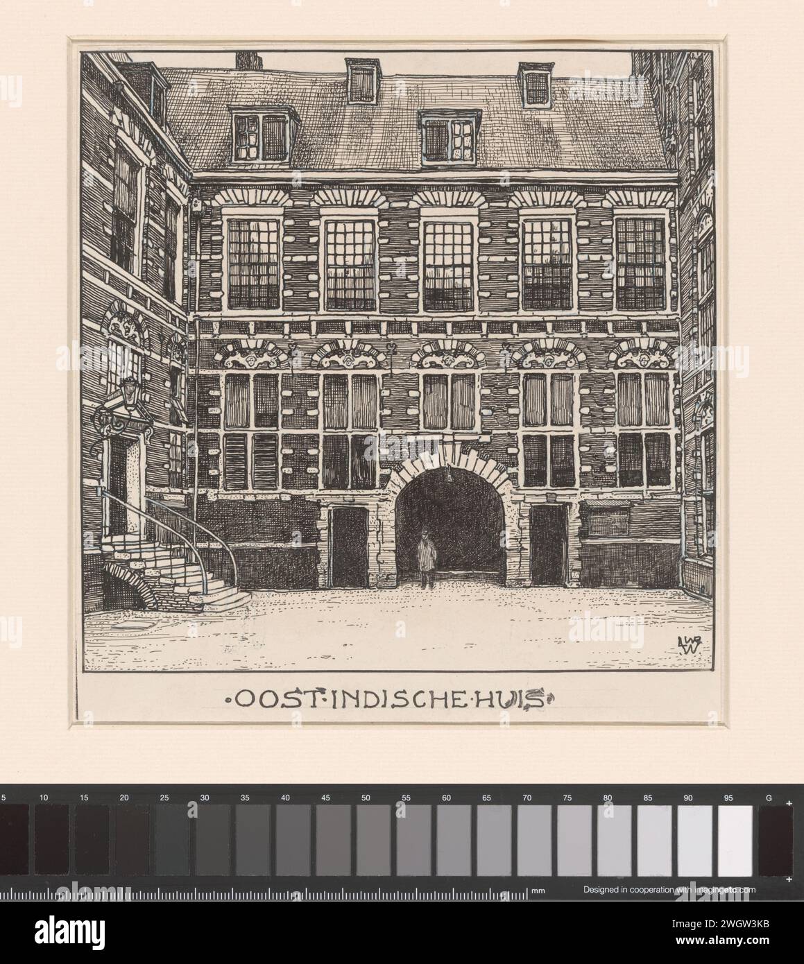 Cortile della East Indian House sulla Oude Hoogstraat di Amsterdam, Willem Wenckebach, 1870 - 1926 disegnando carta Amsterdam. inchiostro. Cortile con penna a matita, casa indiana orientale. Oude Hoogstraat Foto Stock
